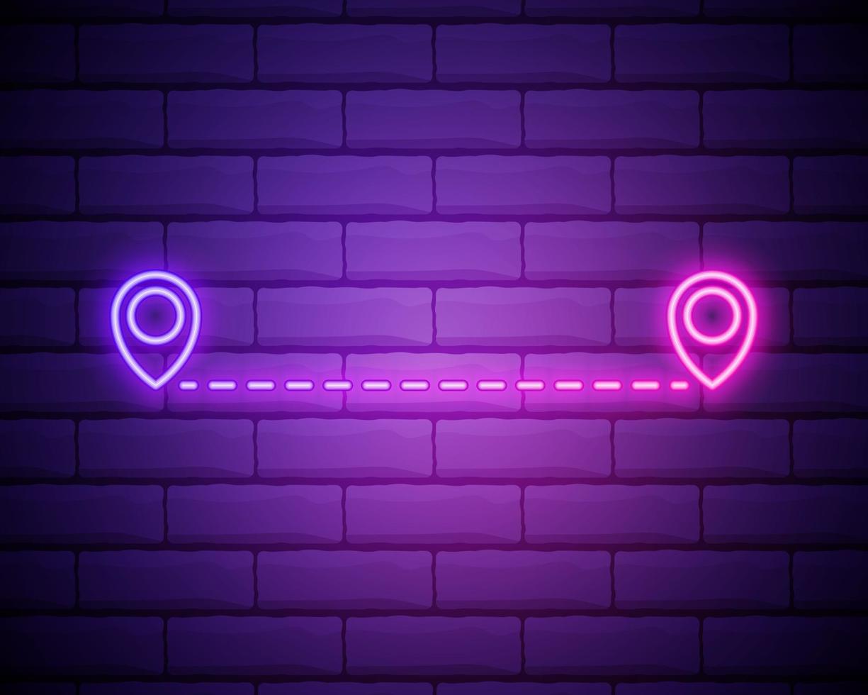 icono de ubicación de ruta de neón brillante aislado sobre fondo de pared de ladrillo. signo de puntero del mapa. concepto de camino o carretera. navegador gps. vector