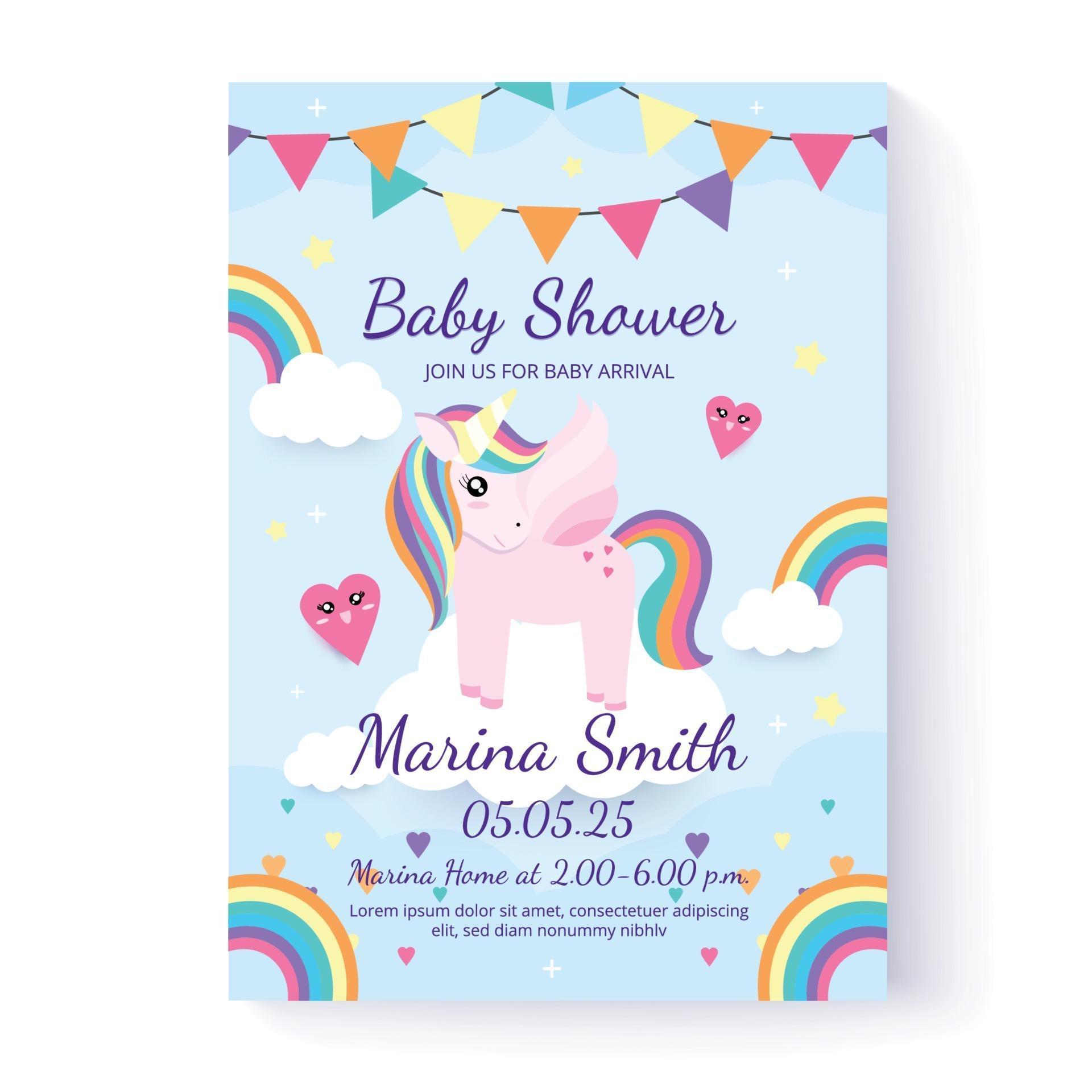 Unicorn baby shower invitation template and greeting card. Vector
