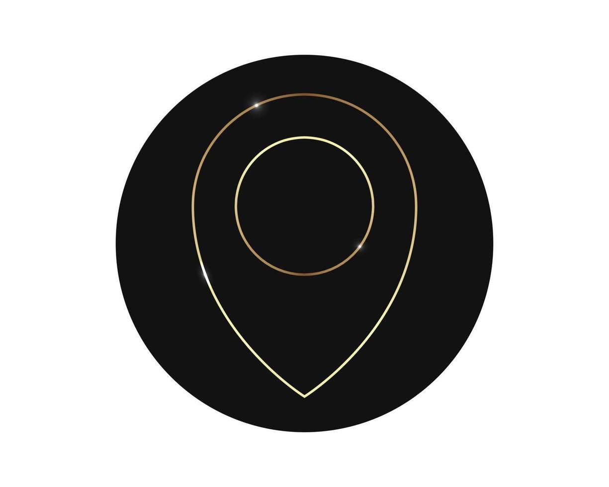 Golden marker location icon. Vector illustration. Golden map pointer isolated on dark background.