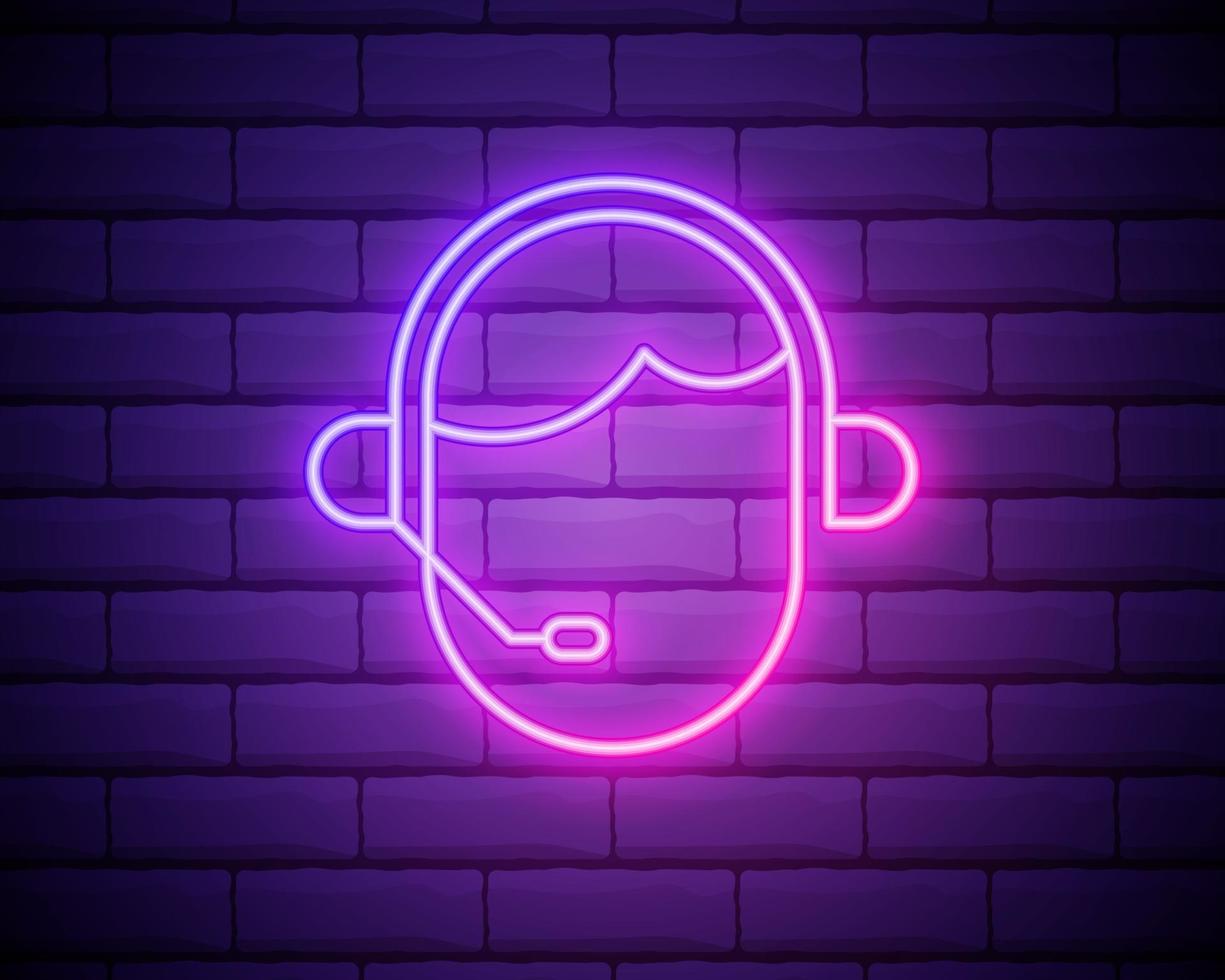 Glowing neon line Man with a headset icon isolated on brick wall background. Support operator in touch. Concept for call center, client support service. vector