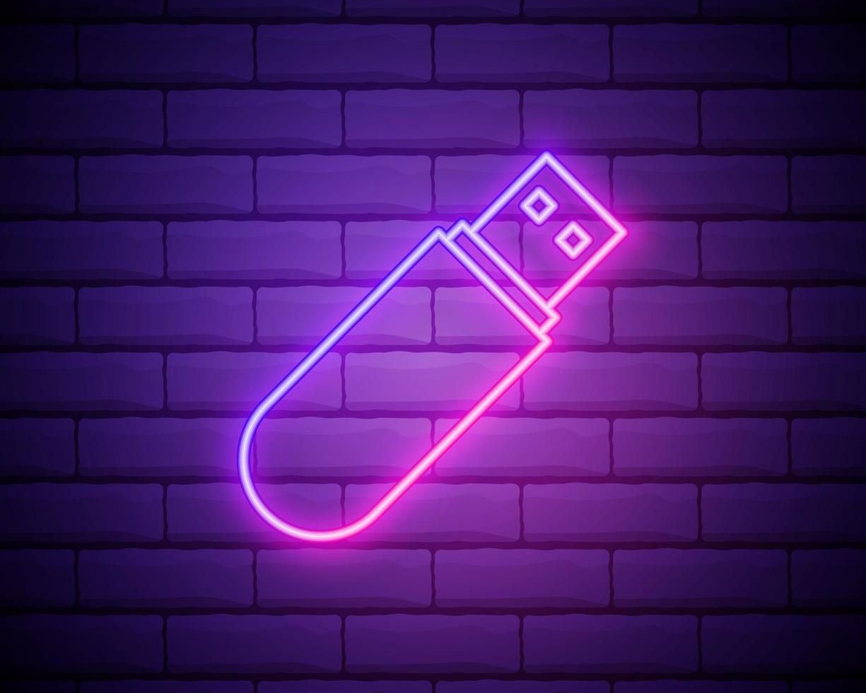 Usb flash driver neon glow icon. Simple thin line, outline vector of Technology icons for UI and UX, website or mobile application isolated on brick wall.