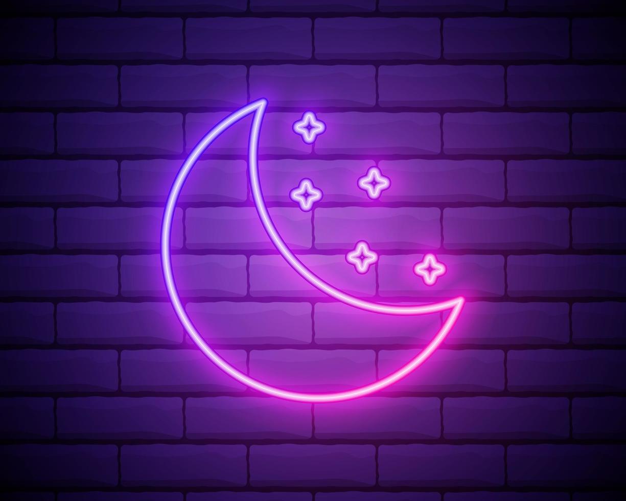 Simple moon. Weather symbol. Linear icon with thin outline. Neon style. Light decoration icon. Bright electric symbol isolated on brick wall vector