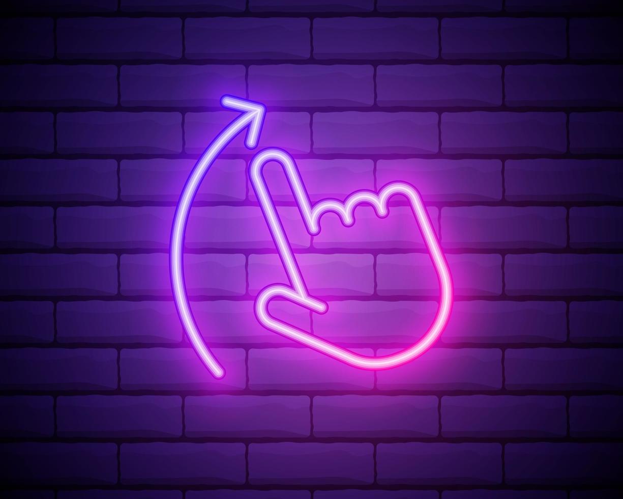 Swipe Up pink glowing neon ui ux icon. Glowing sign logo vector isolated on brick wall.