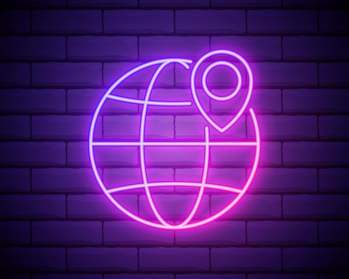 Pin on the globe neon icon. Elements of Navigation set. Simple icon for websites, web design, mobile app, infographics isolated on brick wall vector