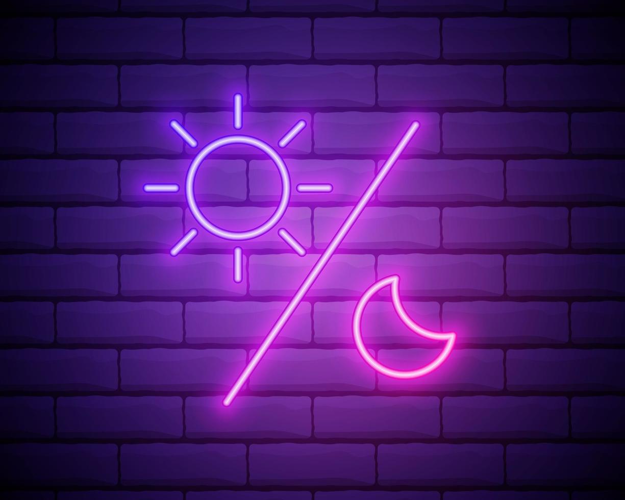 Glowing neon Sun and moon icon isolated on brick wall background. Weather daytime and night. vector