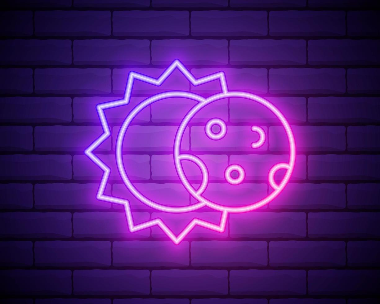 Glowing neon line Eclipse of the sun icon isolated on brick wall background. Total solar eclipse. vector