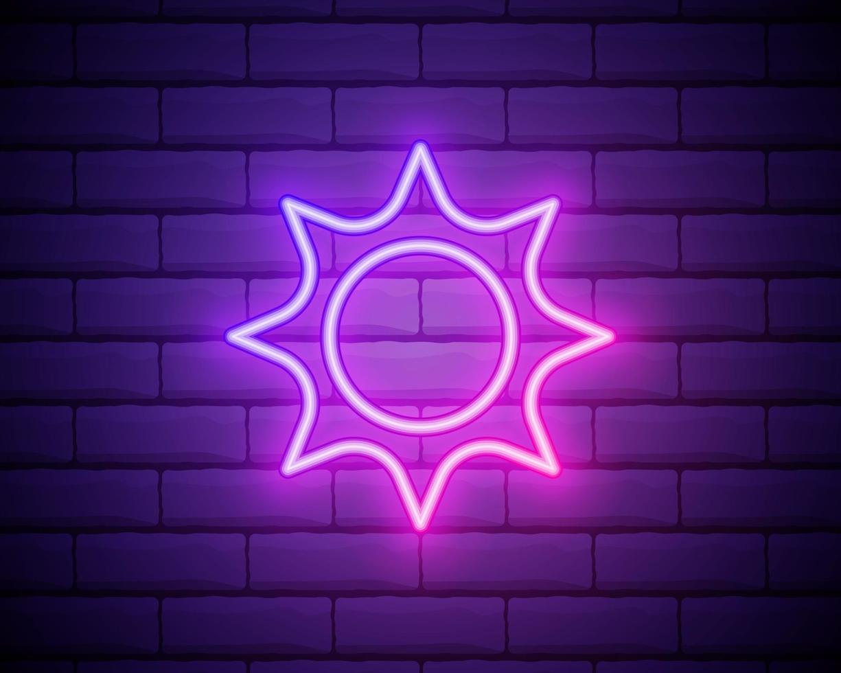 Sun pink glowing neon ui ux icon. Glowing sign logo vector isolated on brick wall backogrund.