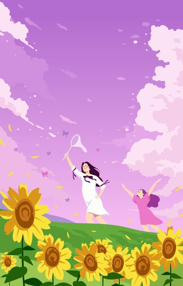 Girl Catching Butterflies at Summer vector