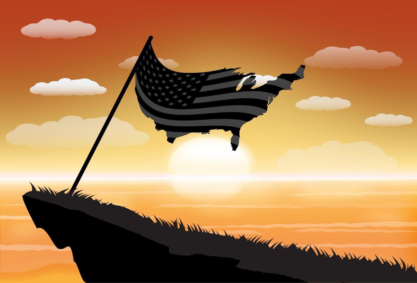 Silueta de la bandera de los Estados Unidos de América en un acantilado con fondo de mar al atardecer vector