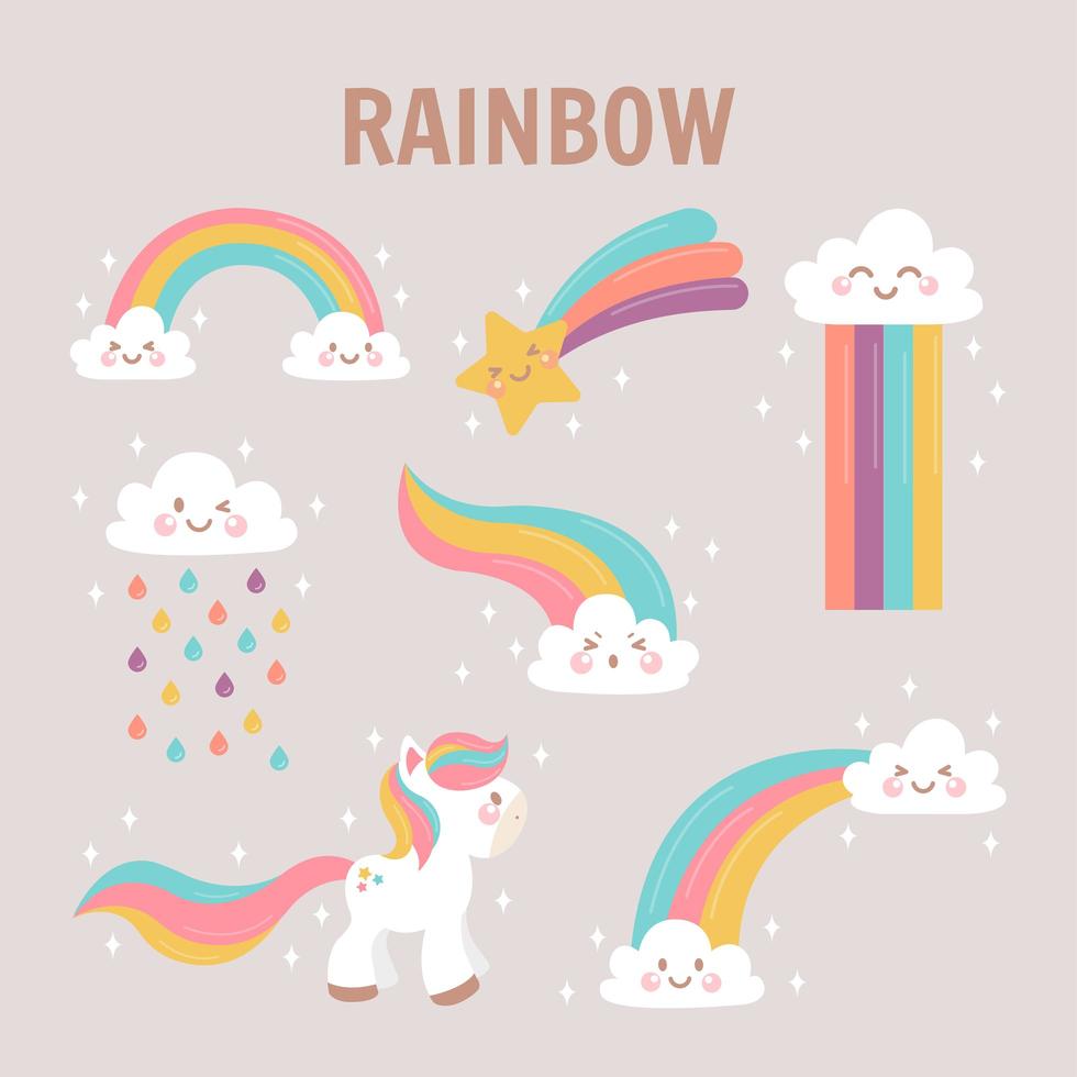 expresivas nubes y unicornios que dejan rastros de arco iris vector