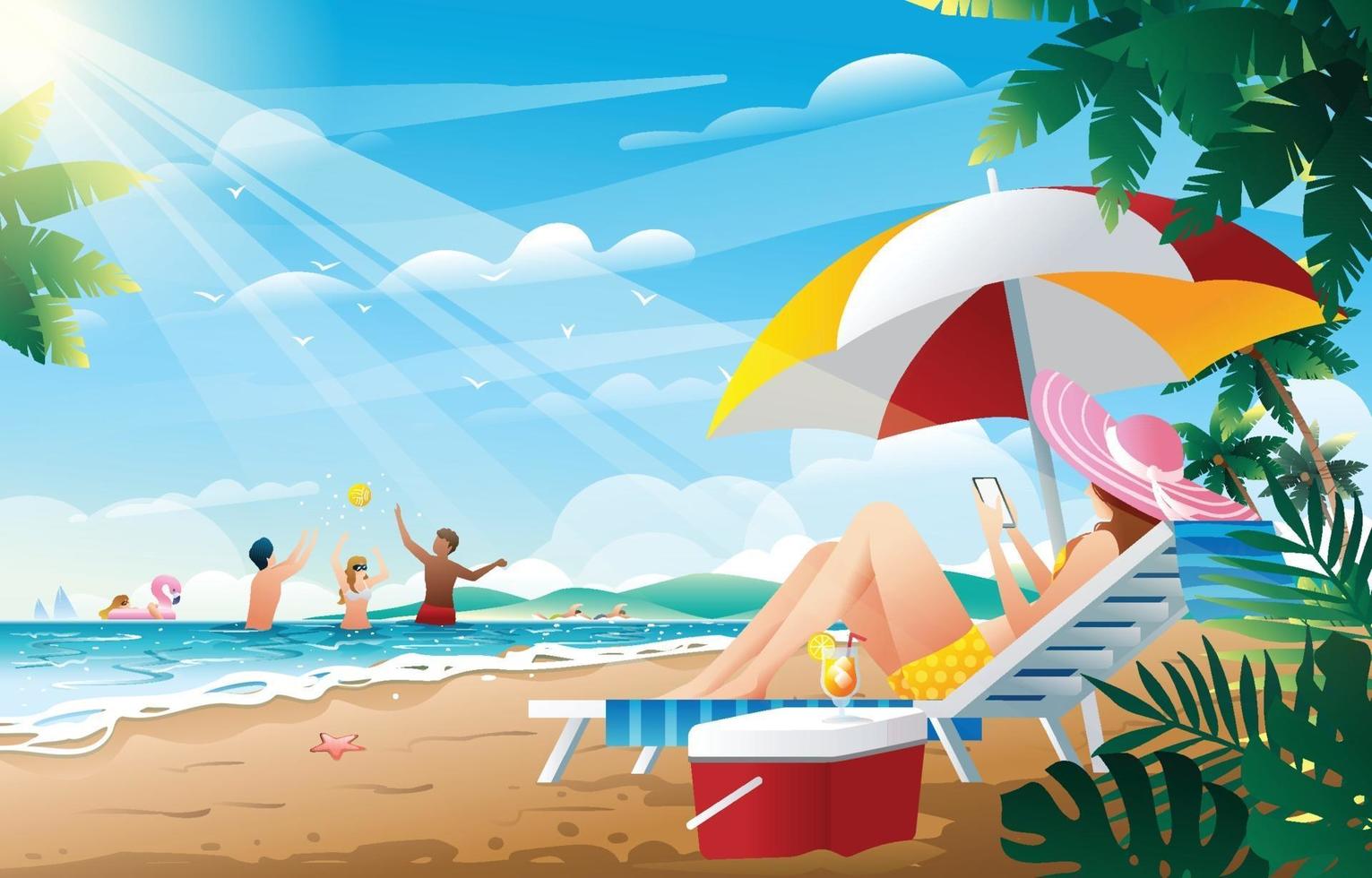 People Enjoying Summer Vacation at The Beach vector