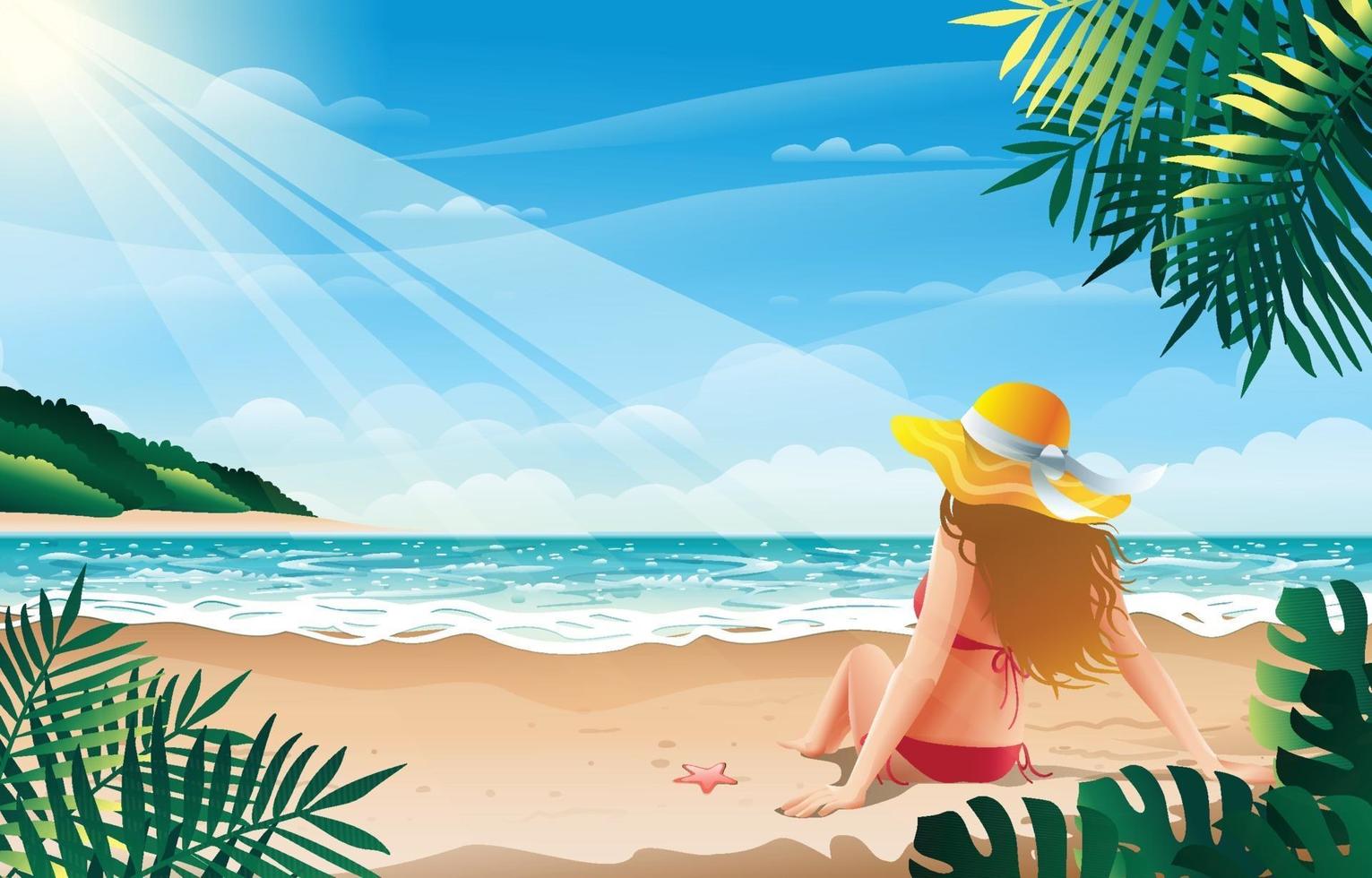 Girl in Bikini Relaxing at The Summer Beach vector