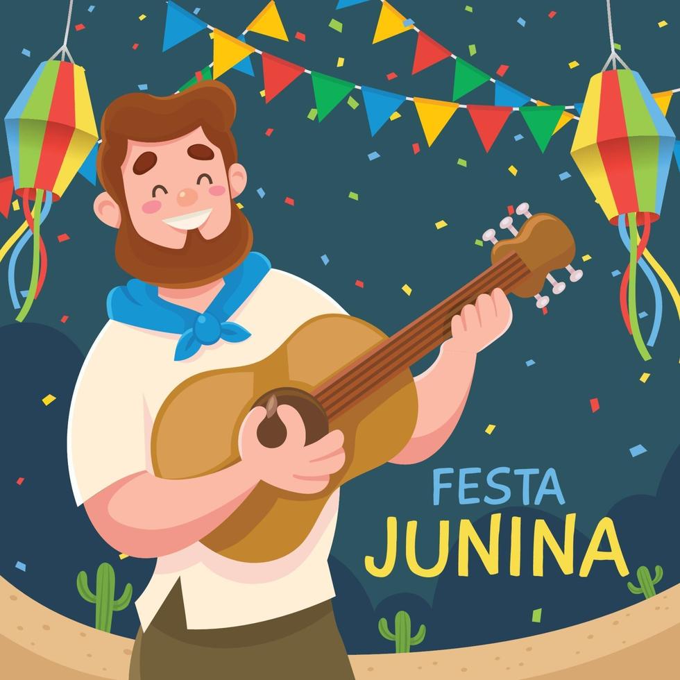 Festa Junina con el hombre tocar la guitarra en el festival vector