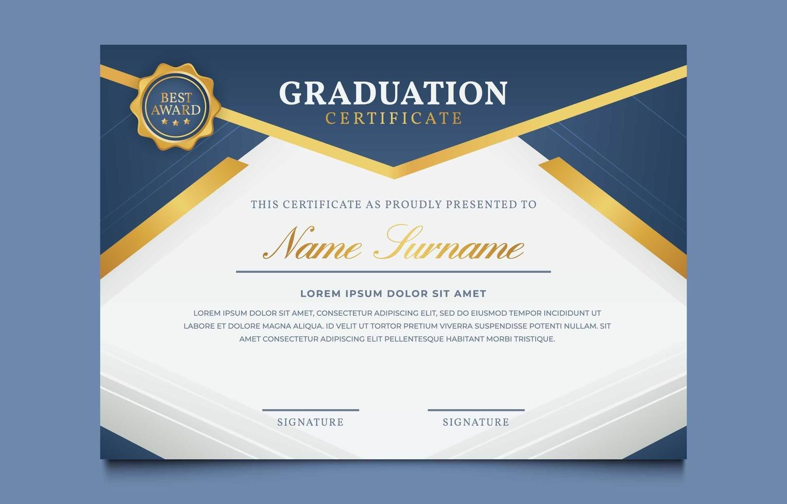 plantilla de premios de certificado de graduación azul y oro vector