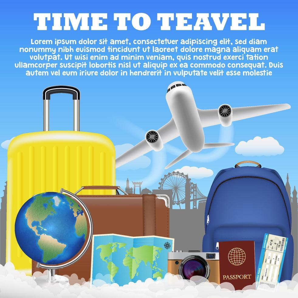 time to travel with airplane suitcase luggage bag vector
