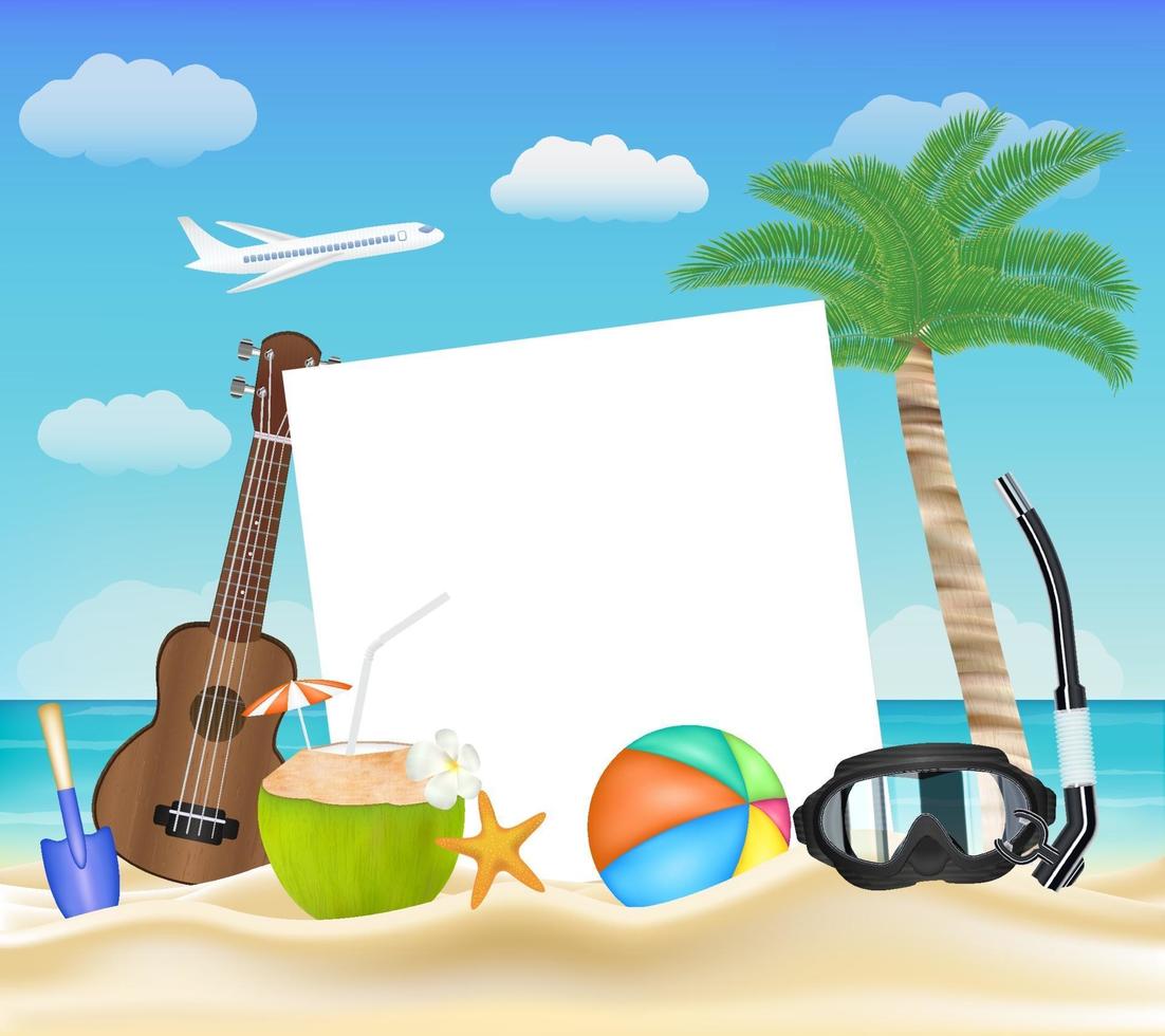 paper ball glasses diving mask ukulele on beach vector