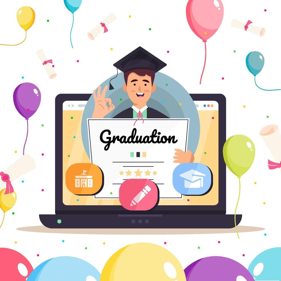 Man Hold His Certificate Graduate Online Education Concept vector