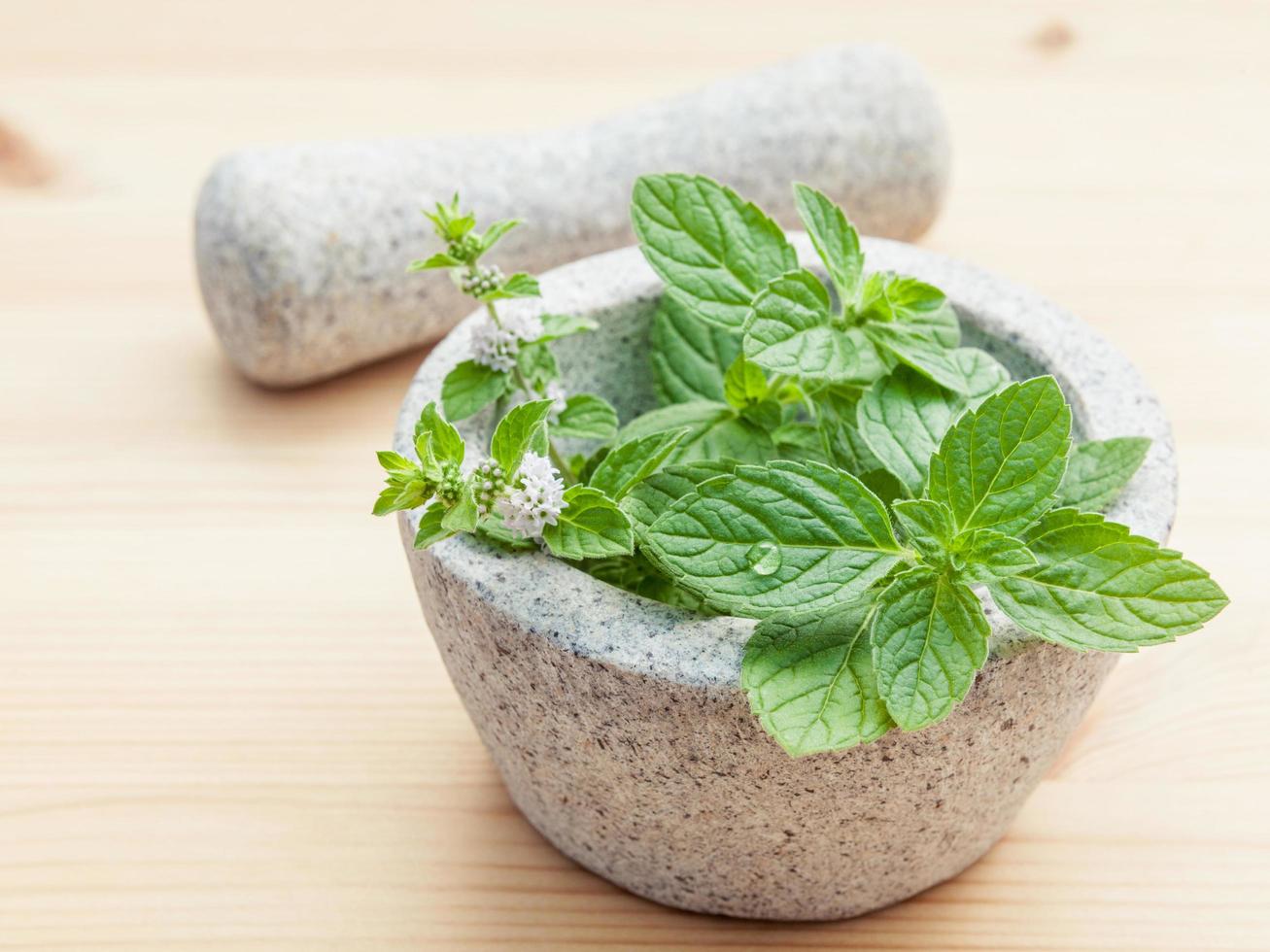 Close-up fresh peppermint leaves in white mortar with pestle on bamboo cutting board photo