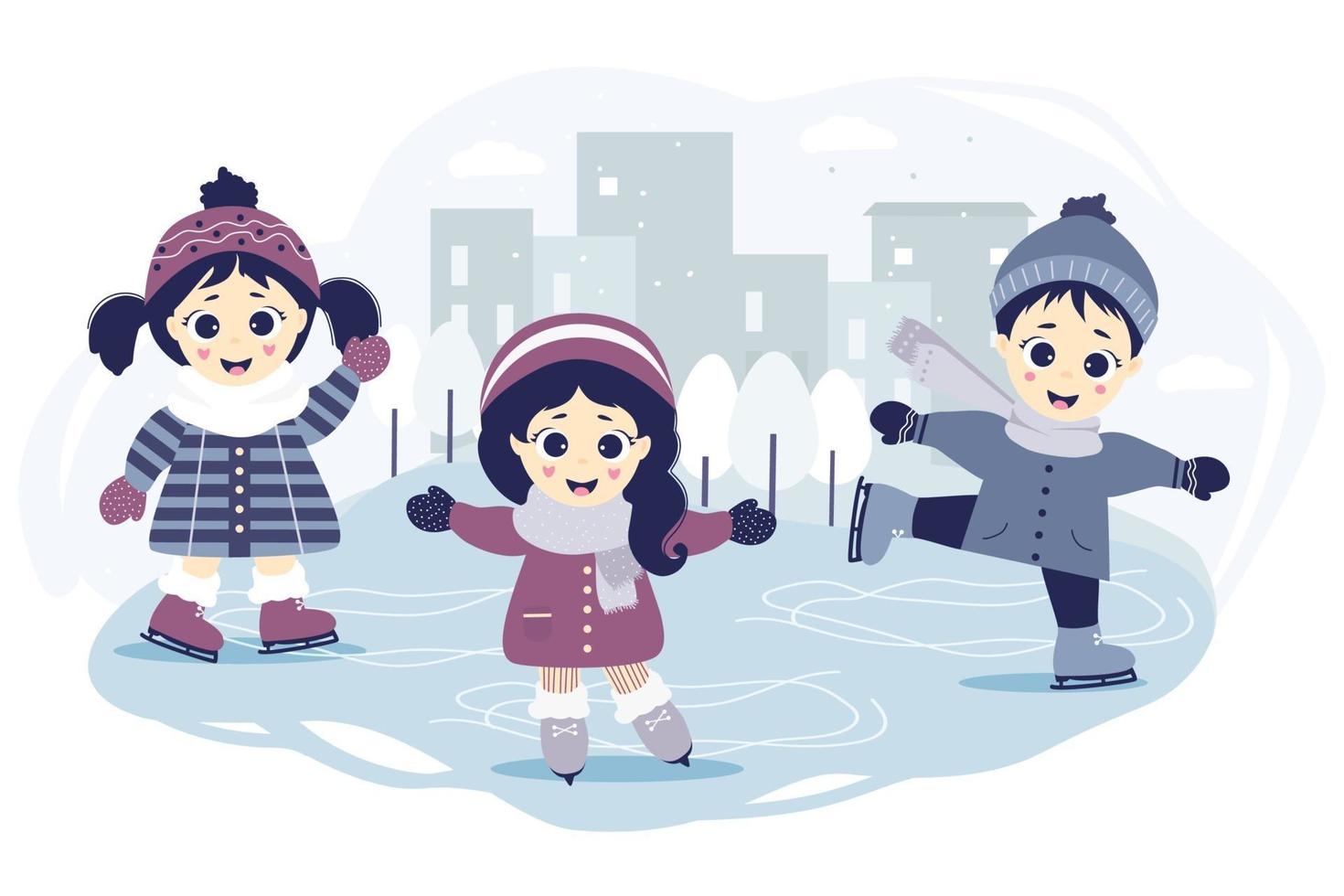 Happy kids ice skating vector