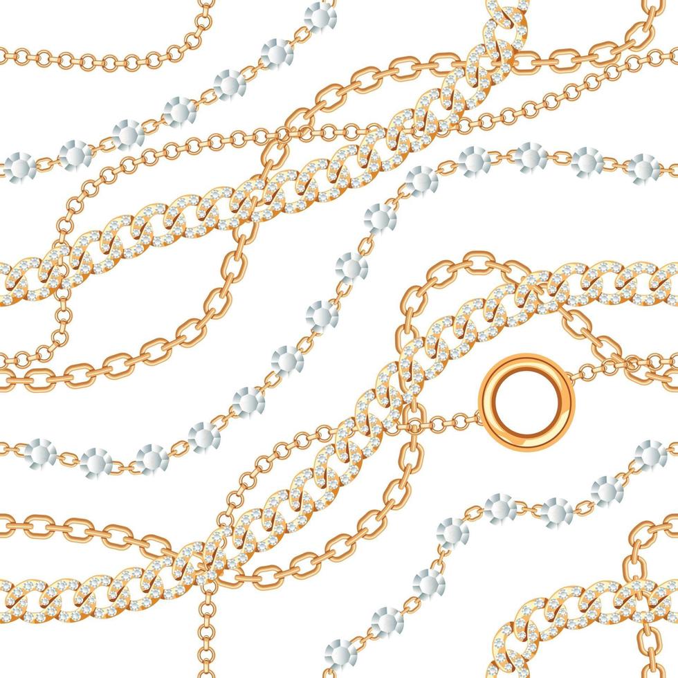 Seamless pattern background with gemstones and chains golden metallic necklace. On white. Vector illustration
