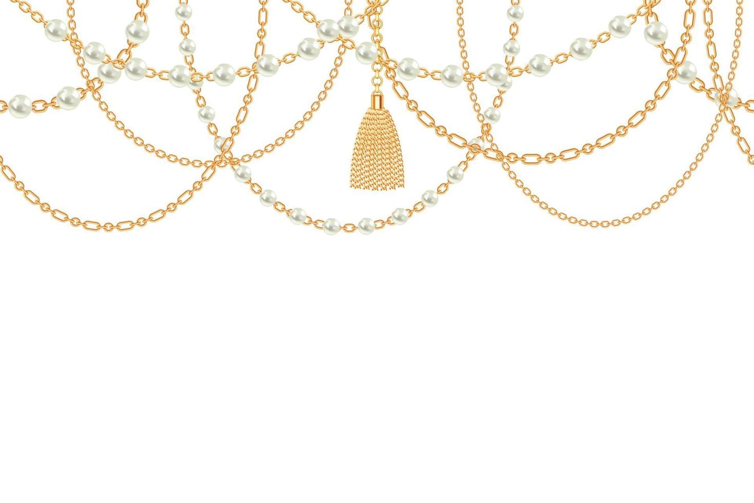 Background with golden metallic necklace. Tassel, pearls and chains. On white. Vector illustration