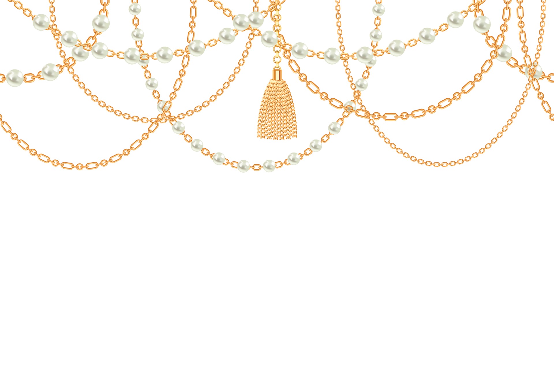 Background with golden metallic necklace. Tassel, pearls and chains. On
