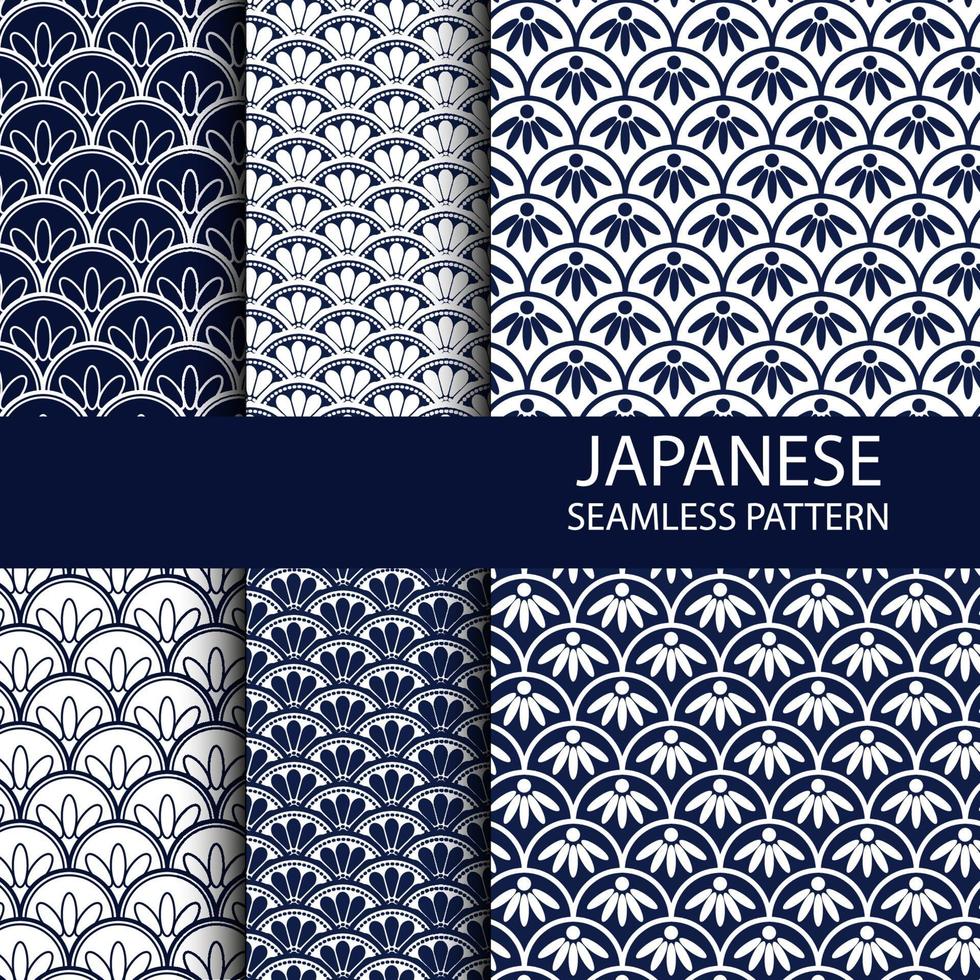 Set of Traditional Japanese seamless pattern in indigo color vector