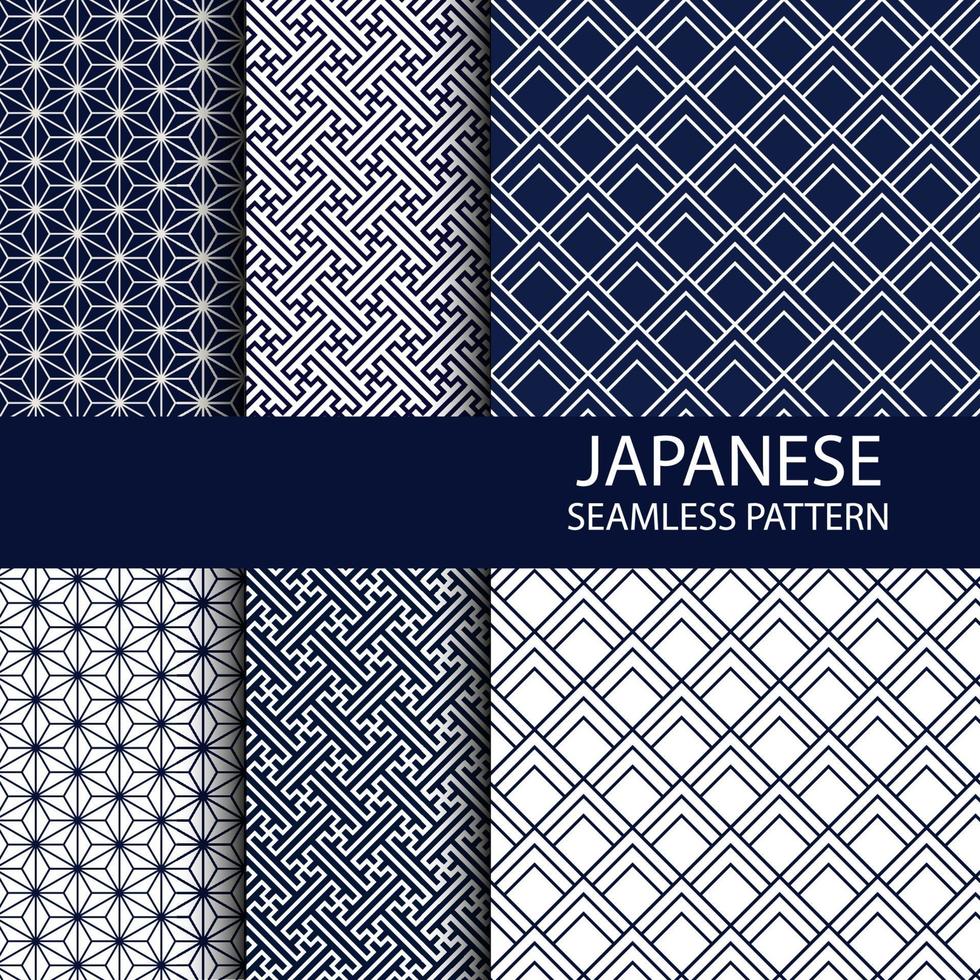 Set of Traditional Japanese seamless pattern in indigo color vector