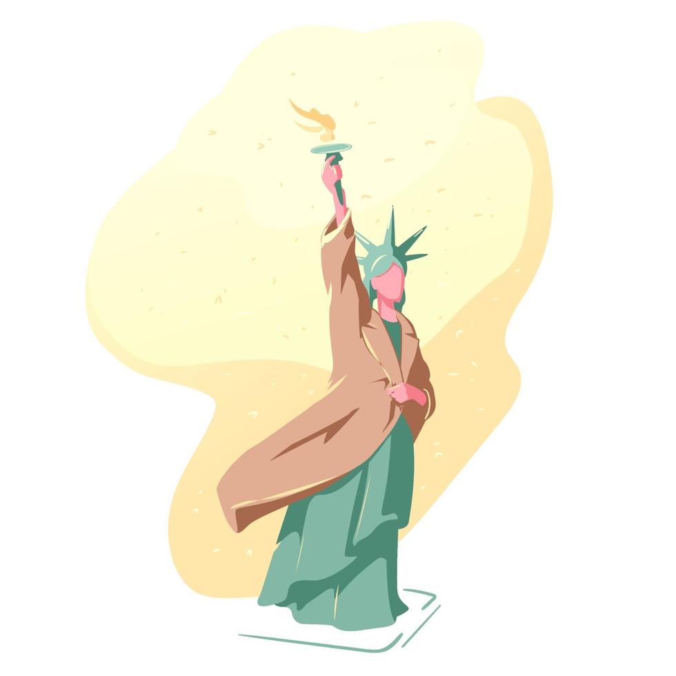 Coat drive project. Statue of Liberty in the winter in a coat. Warm snow background in New York Illustration. Charity before Christmas concept. Izolated on white. vector