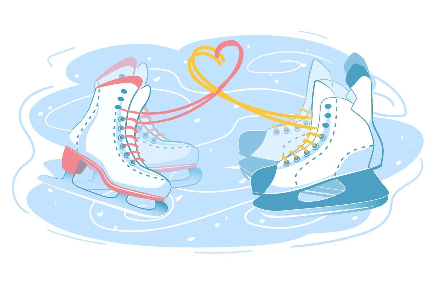 Male and female skates together, couple on the ice rink. Two different ice skate boots with love heart sign made of shoelaces. Romantic winter holiday postcard illustration. Isolated white background vector