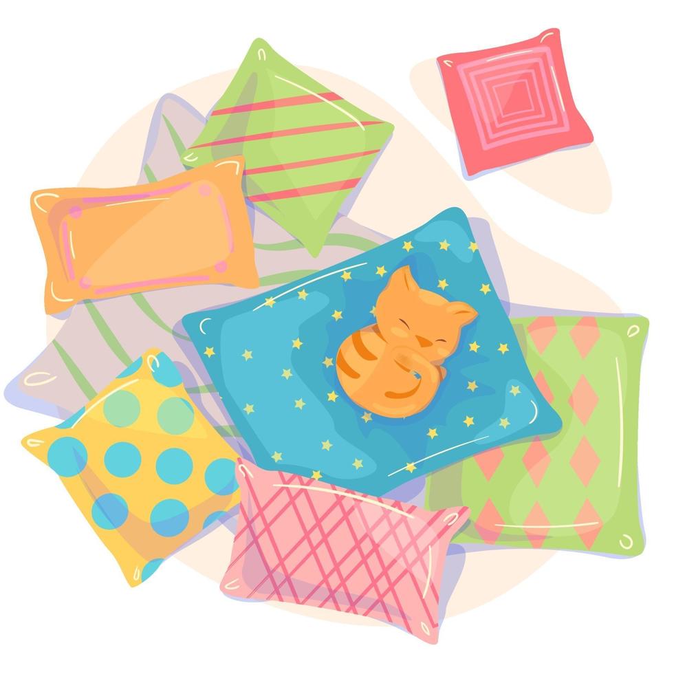 Pillows and cat top view Flat banner on white background. Cozy Sleeping red cat greeting card illustration. Fabric textile Furniture poster template. Home decor design element. Cartoon Vector isolated
