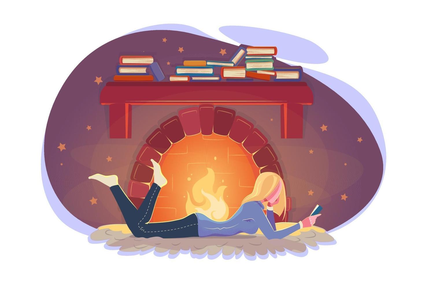 Girl read book in winter by fireplace. Cold weather illustration. Modern education concept. Cozy winter modern design. Young woman studying by fireside in flat style. Relax evening isolated on white. vector