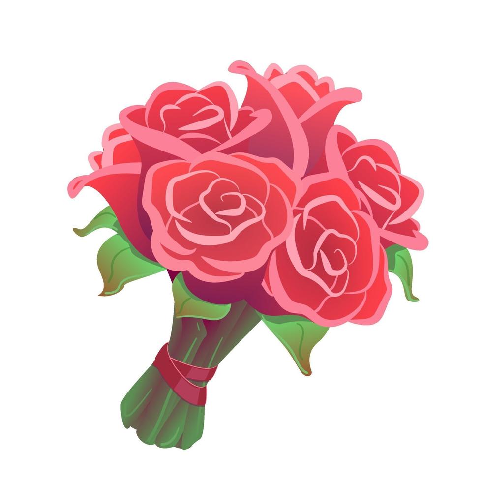 ramo de rosas sobre fondo blanco aislado. imágenes prediseñadas de flores para fecha, celebración, día de San Valentín. Ilustración de regalo de boda romántica. manojo rosado, rosado con cinta roja. vector de dibujo floral de primer plano.