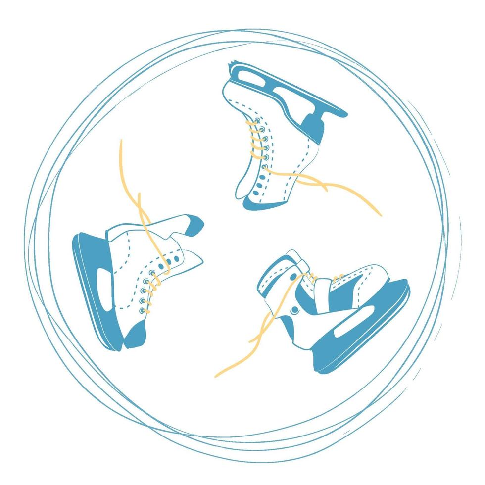 set of ice skates with bright laces in a rut circle. Ice rink symbol. Sport equipment logo in scratched lines. Vector Illustration isolated on white back