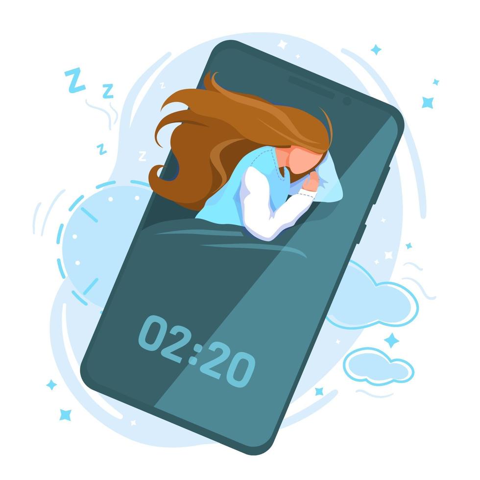 etapas del ciclo del sueño humano saludable vector ilustración plana sobre fondo blanco. niña durmiendo con teléfono inteligente. concepto de adicción a las redes sociales. Pantalla de teléfono móvil de aplicación de reloj despertador inteligente. software de gadget