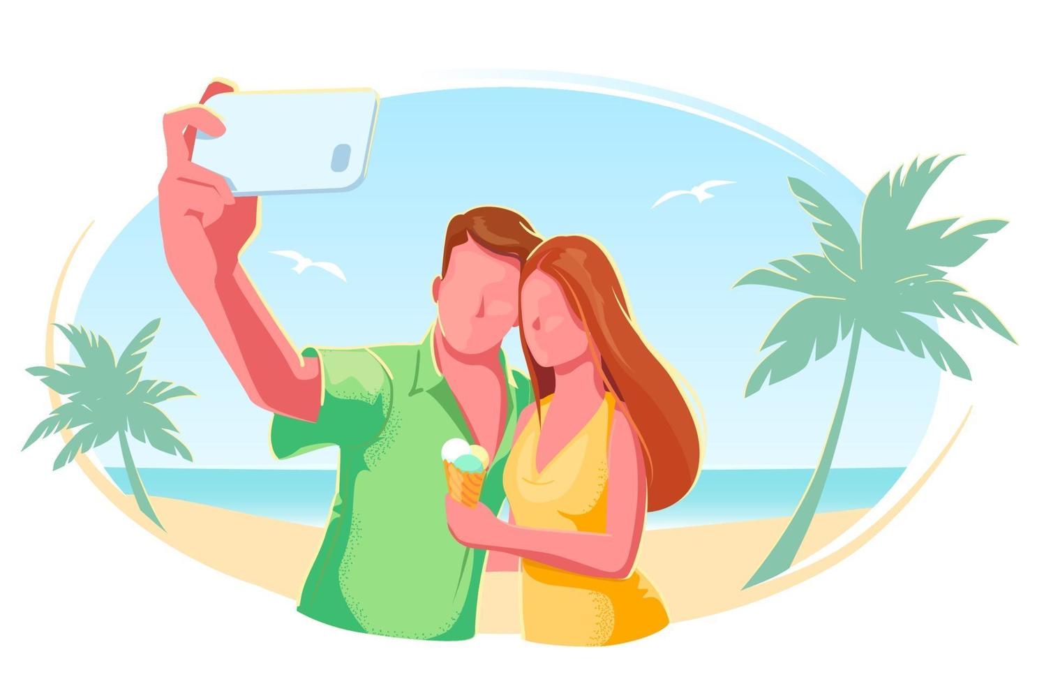 Beach couple selfie flat vector isolated illustration. Holiday, vacation, honeymoon, tourism concept. Summer Travel banner. Friends outdoor lifestyle modern design. Tropical sea on white background.