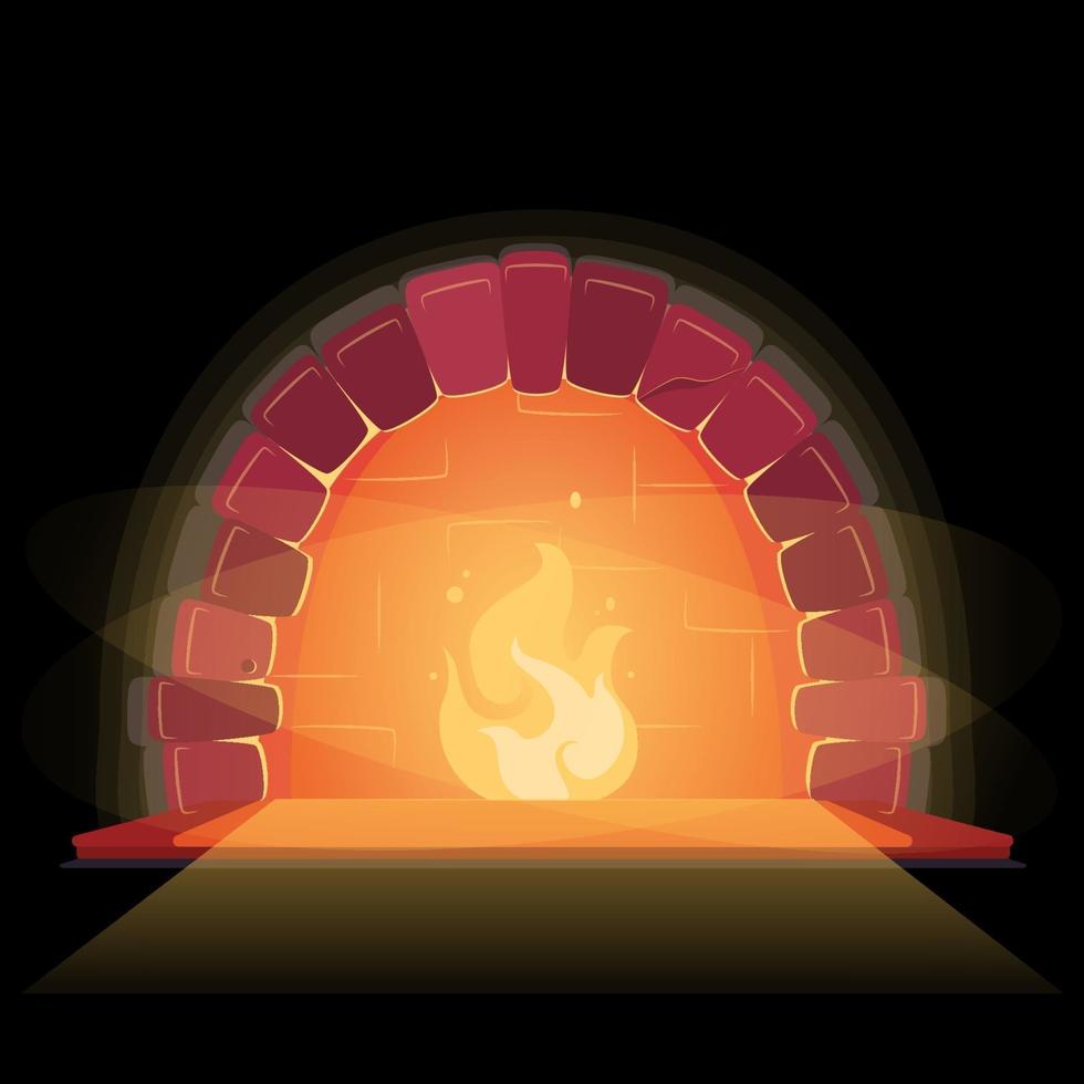 Chimenea en hermoso estilo. elemento de diseño vectorial. primer plano plano sobre fondo negro. decoración de interiores de casa. hoguera interior de invierno. llama, fuego, ilustración. acogedor y cálido concepto de lugar de relajación. vector