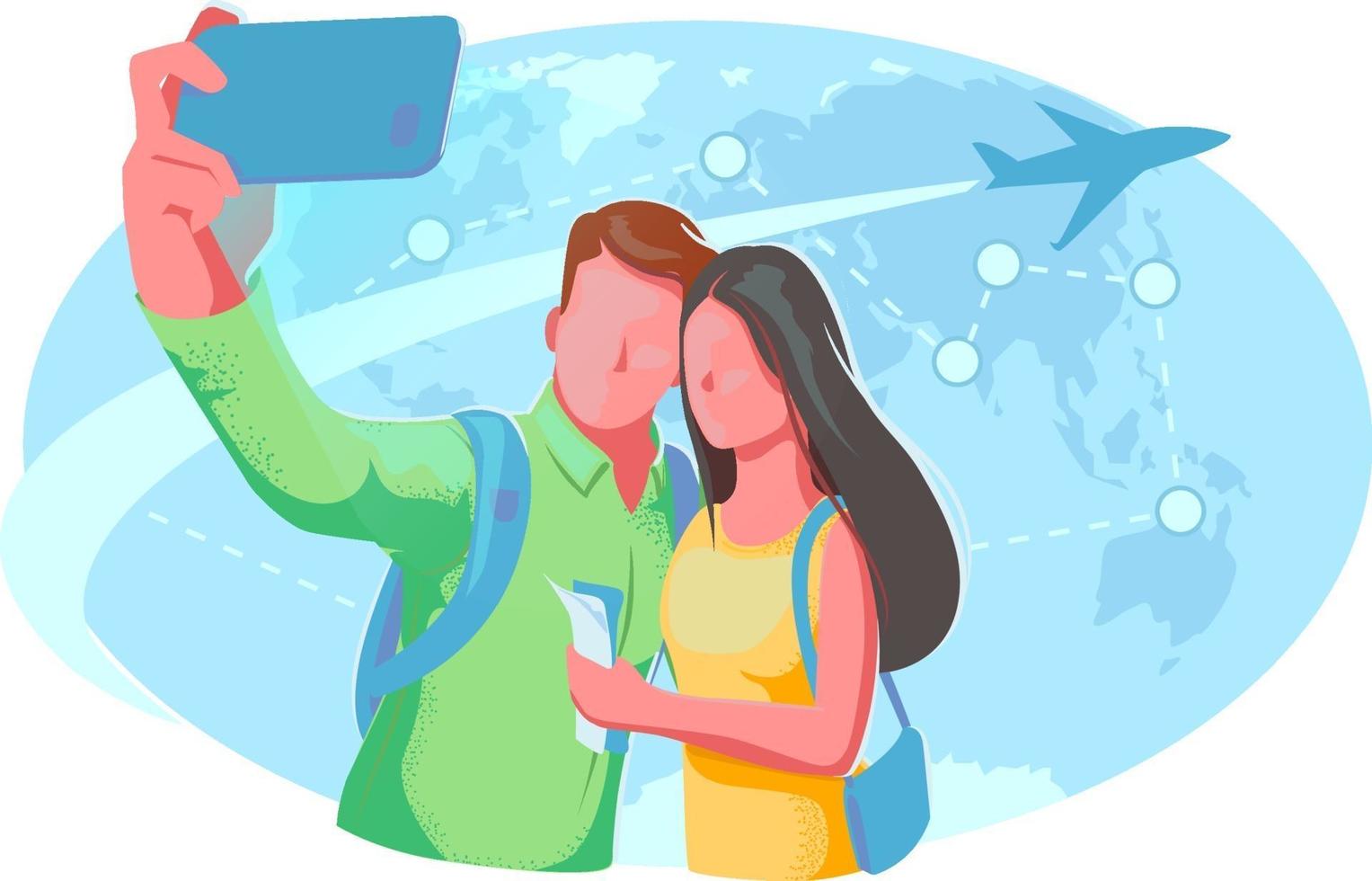 alrededor del mundo ilustración plana. Pareja selfie viaje vuelo tarjeta de mapa del mundo. viaje romántico, vacaciones, concepto de vacaciones. Banner de avión de viaje de luna de miel. Cartel de agencia de viajes aislado sobre fondo blanco. vector