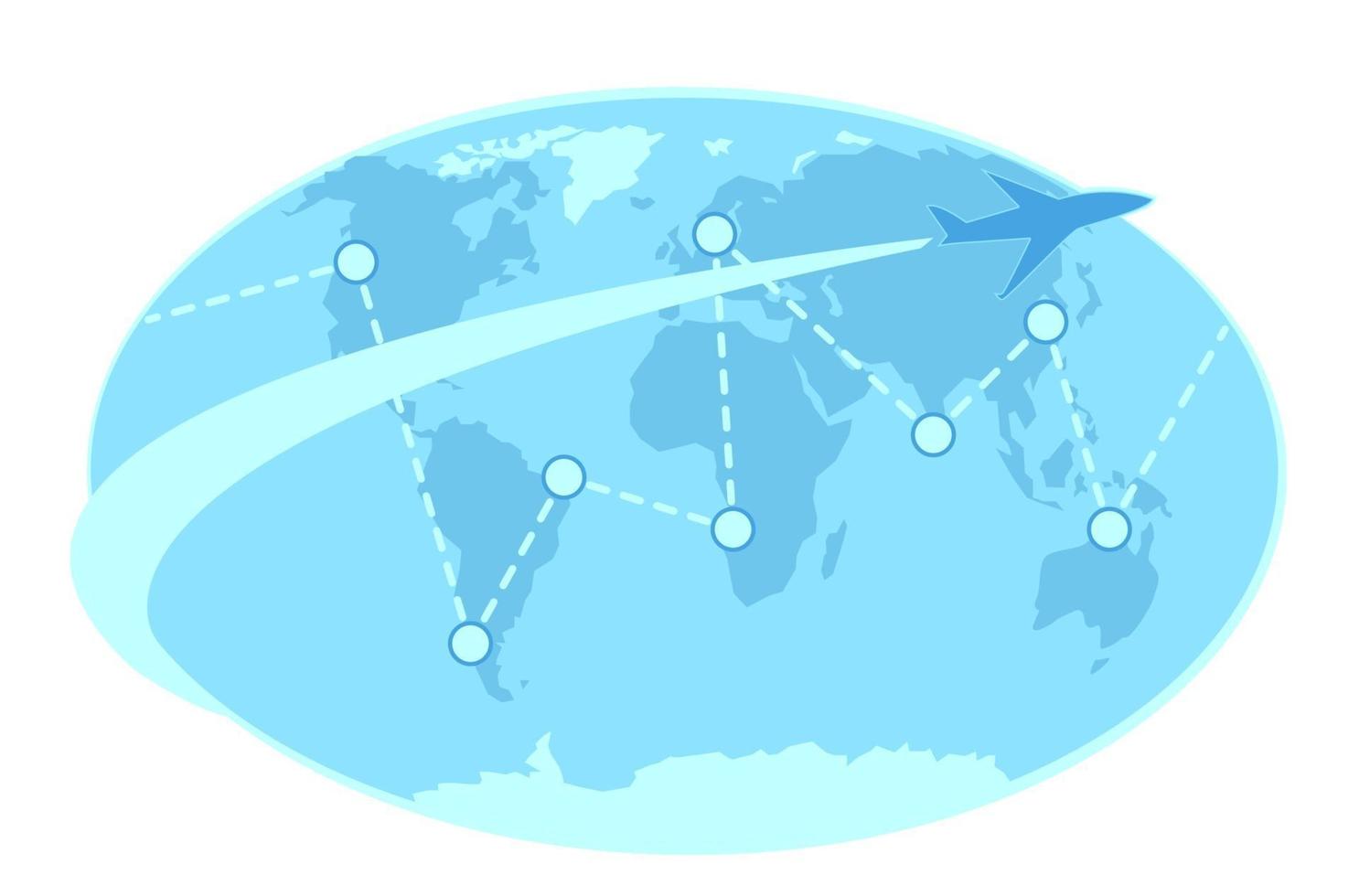 Flight travel world map illustration. Business trip design. Flat airplane with destination signs on countries template. Tourism graphic element. Vacation, journey concept Isolated white background. vector