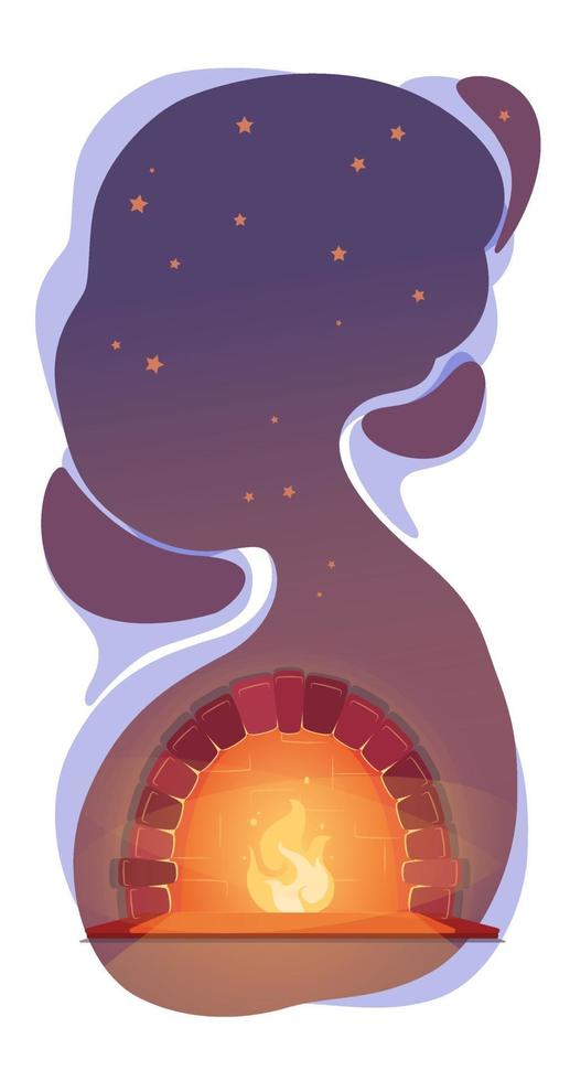 Relax Illustration with fireplace under night stars. Warm Autumn background. Vector cosmos vertical banner. Cozy cold season concept. Dreaming Resting evening. Copy space Dark romantic Flat design.