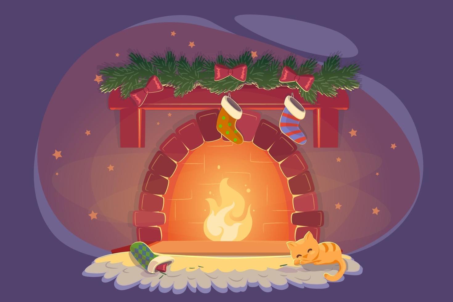 Card with xmas fireplace and sleeping cat for celebration decoration design. Playful kitty near christmas fire with socks. New year Cozy winter room, eve noel night flat vector illustration.