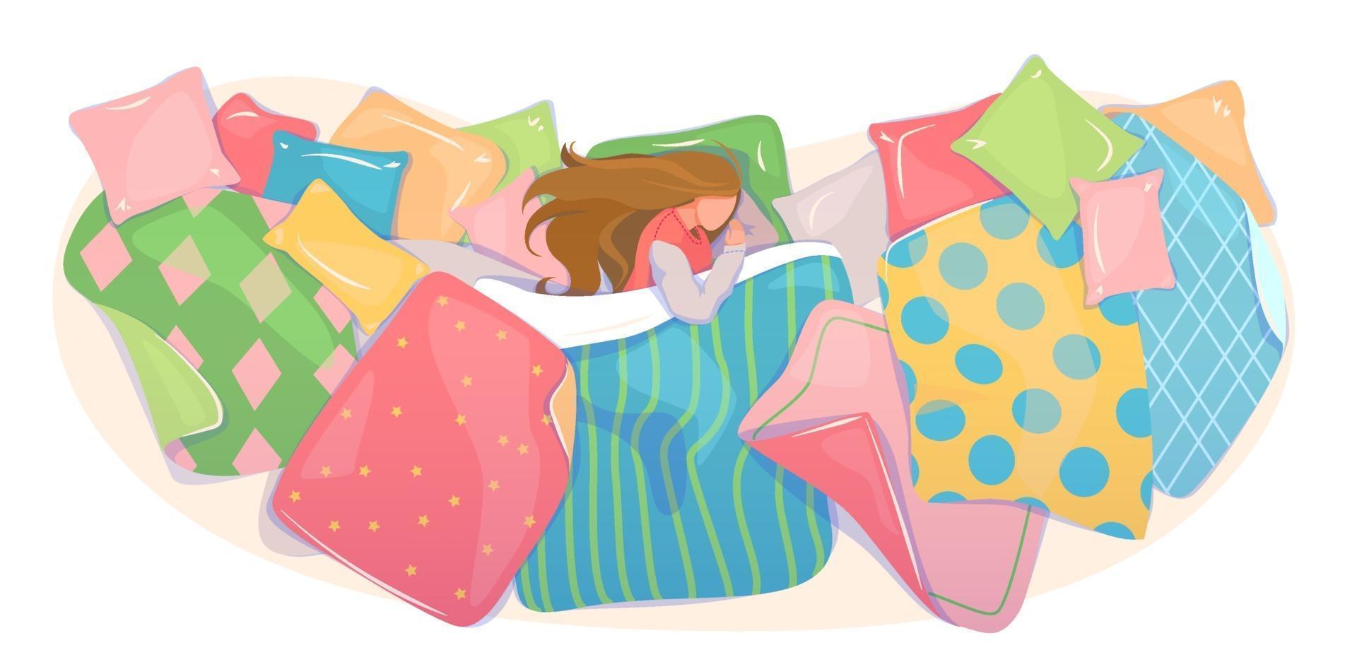 diseño de fundas de almohadas y mantas, banner de tienda textil. niña durmiendo en el acogedor concepto de ropa de cama. plantilla de juego de cama. Fondo web del patrón de la tela. tarjeta de ensueño, vista superior. ilustración vectorial plana. vector