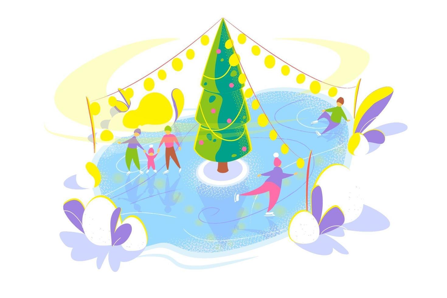 Ice skating people on Ice rink with Christmas tree. Snowy winter holidays concept. Seasonal Flat template on white background. Christmas holiday card. Isolated vector illustration on white background.