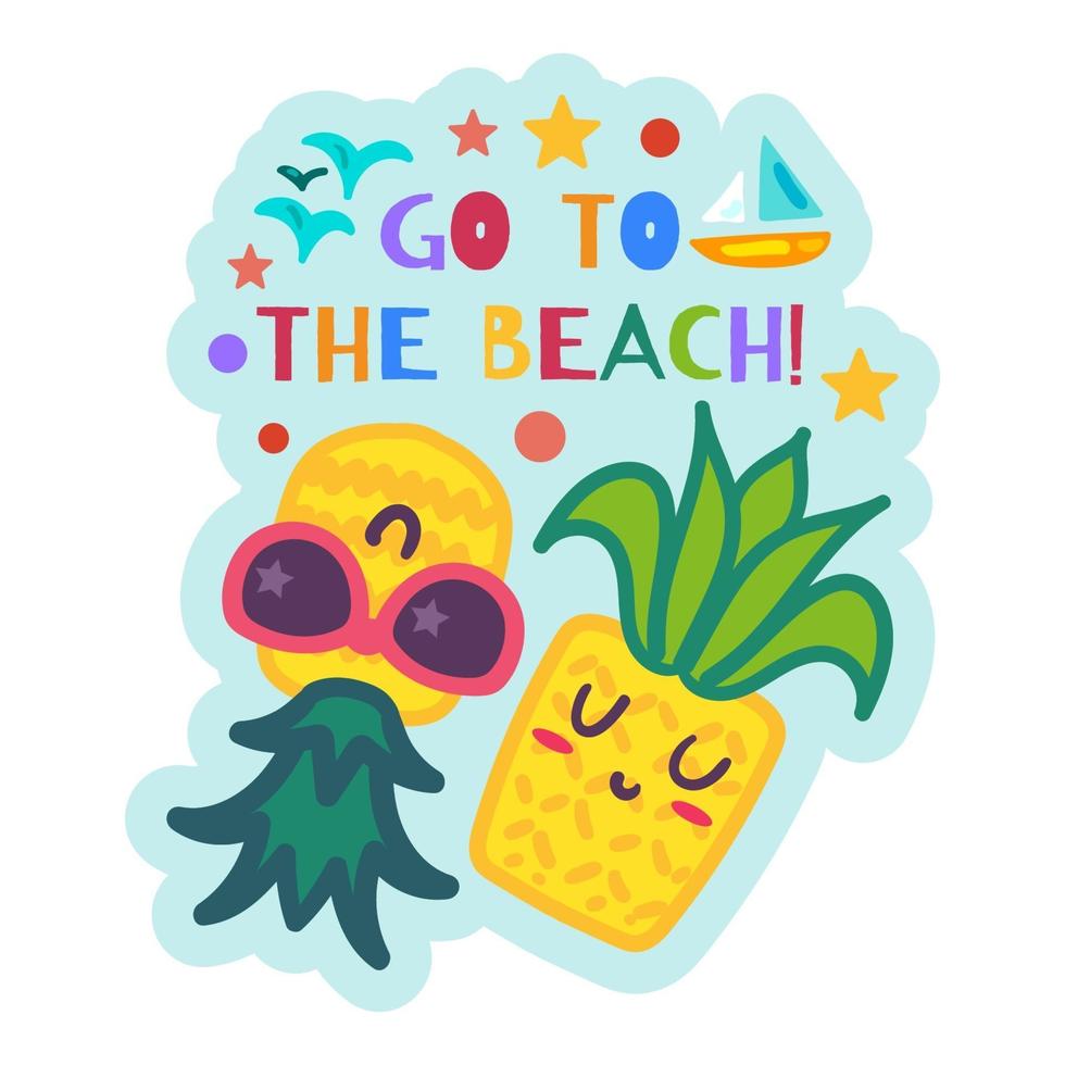 Summer Beach Label, Cartoon Pineapples Sticker vector