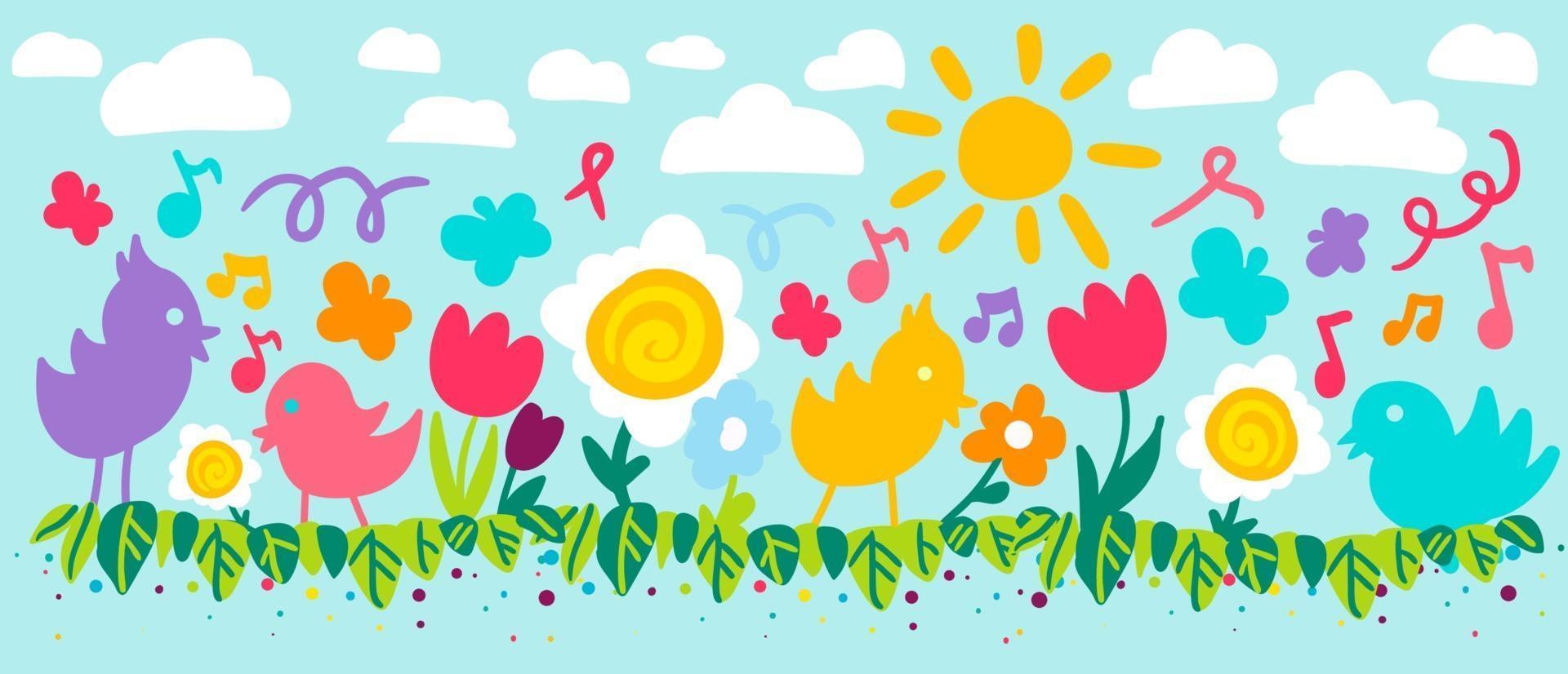 Flowers and birds flat vector illustration