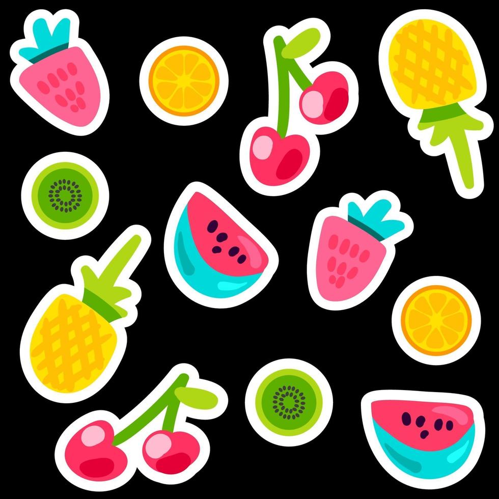 Fruits doodle color stickers set. vector