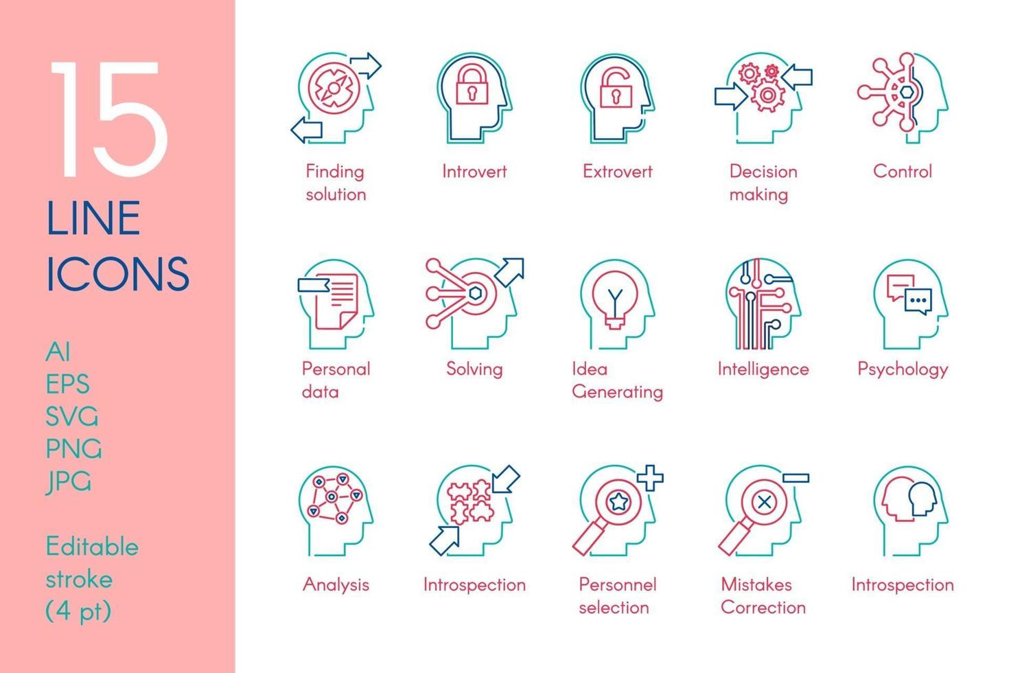 Mental activity color linear icons set vector