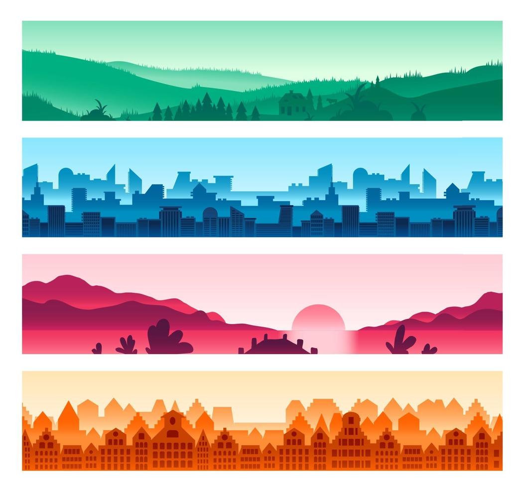 Urban, countryside landscapes silhouettes set vector