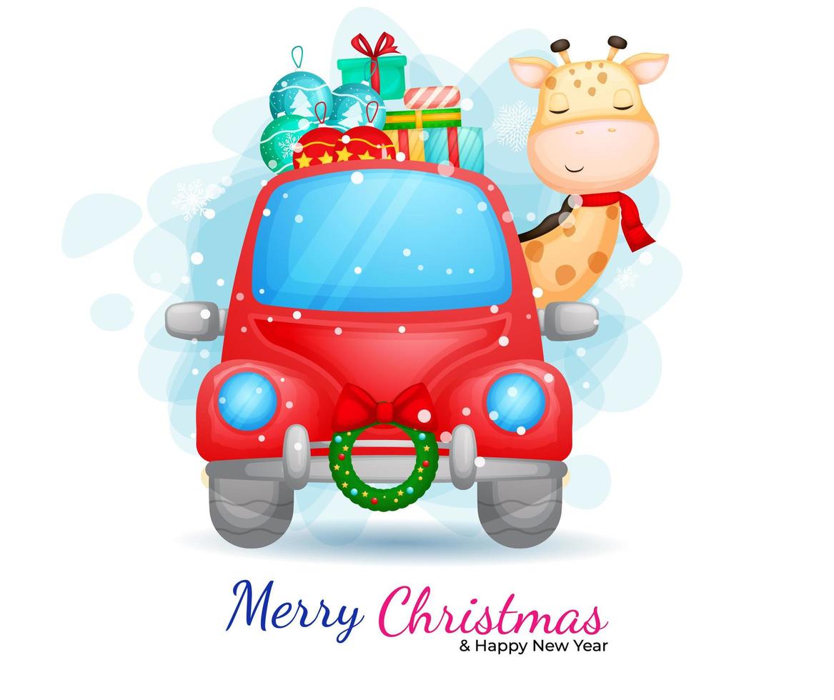 Cute giraffe driving red car with gifts vector