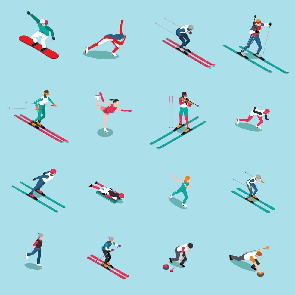 Ilustración de vector de colección isométrica de personas de deportes de nieve